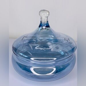 Vintage Empoli Apothecary Jar blue tinted with etched flowers covered candy dish